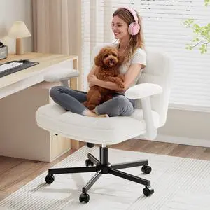 Criss Cross Chair with Wheels, Office Chair with Flip-up Armrests, Vanity Chair for Bedroom, Home Office, Apartment, Plush Fabric, Beige Criss Cross Chair with Wheels, Office Chair with Flip-up Armrests, Vanity Chair for Bedroom, Home Office, Apartment, Plush Fabric, Beige