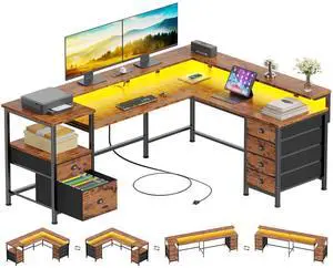 66" Reversible L Shaped Gaming Desk with 6 Drawers & Printer Storage Shelves, Corner Computer Desk with Power Outlets & LED Lights, Home Office Table with Monitor Stand, Rustic Brown 66" Reversible L Shaped Gaming Desk with 6 Drawers & Printer Storage Shelves, Corner Computer Desk with Power Outlets & LED Lights, Home Office Table with Monitor Stand, Rustic Brown