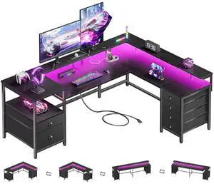 66" Reversible L Shaped Gaming Desk with 6 Drawers & Printer Storage Shelves, Corner Computer Desk with Power Outlets & LED Lights, Home Office Table with Monitor Stand, Black 66" Reversible L Shaped Gaming Desk with 6 Drawers & Printer Storage Shelves, Corner Computer Desk with Power Outlets & LED Lights, Home Office Table with Monitor Stand, Black