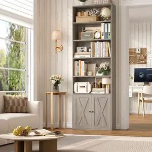 82" Tall Bookcase and Book Shelf, 24" Wide Bookshelf with Doors, 7 Tier Bookcase with Storage and Adjustable Shelf, Open and Display Farmhouse Bookshelf for Living Room, Home Office, Gray 82" Tall Bookcase and Book Shelf, 24" Wide Bookshelf with Doors, 7 Tier Bookcase with Storage and Adjustable Shelf, Open and Display Farmhouse Bookshelf for Living Room, Home Office, Gray