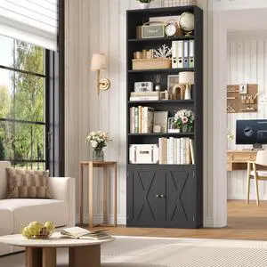 82" Tall Bookcase and Book Shelf, 24" Wide Bookshelf with Doors, 7 Tier Bookcase with Storage and Adjustable Shelf, Open and Display Farmhouse Bookshelf for Living Room, Home Office, Black 82" Tall Bookcase and Book Shelf, 24" Wide Bookshelf with Doors, 7 Tier Bookcase with Storage and Adjustable Shelf, Open and Display Farmhouse Bookshelf for Living Room, Home Office, Black