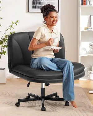 Criss Cross Chair with Wheels, Cross Legged Office Chair, Armless Wide Vanity Desk Chair with 2 Layer Comfty Velvet & Back - Swivel for Home Office Bedroom, Dark Black Criss Cross Chair with Wheels, Cross Legged Office Chair, Armless Wide Vanity Desk Chair with 2 Layer Comfty Velvet & Back - Swivel for Home Office Bedroom, Dark Black