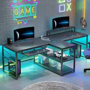 94.5" Office Computer Desk, 2 Person Gaming Desk with Storage, LED Lights, Keyboard Tray, Power Strip with USB & Monitor Stand, Long Two Person Desk for Home Office, Black 94.5" Office Computer Desk, 2 Person Gaming Desk with Storage, LED Lights, Keyboard Tray, Power Strip with USB & Monitor Stand, Long Two Person Desk for Home Office, Black