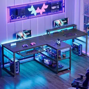 94.5" Gaming Computer Desk, 2 Person Office Desk with Storage, LED Lights, Power Strip, Long Desks with Keyboard Tray & Monitor Stand for Home Office, Carbon Fiber Black 94.5" Gaming Computer Desk, 2 Person Office Desk with Storage, LED Lights, Power Strip, Long Desks with Keyboard Tray & Monitor Stand for Home Office, Carbon Fiber Black