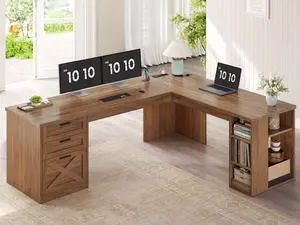67" Farmhouse L Shaped Desk with 3 Drawers, Executive Home Office Desks with Storage Shelves, Corner Computer Desk with Power Outlets for Home Office, Brown 67" Farmhouse L Shaped Desk with 3 Drawers, Executive Home Office Desks with Storage Shelves, Corner Computer Desk with Power Outlets for Home Office, Brown