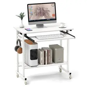 Rolling Computer Desk Cart with Keyboard Tray, Mobile Portable Laptop PC Desk with CPU Stand & 3 Hooks for Sofa & Bed, Compact Small Desk on Wheels for Small Spaces (White) Rolling Computer Desk Cart with Keyboard Tray, Mobile Portable Laptop PC Desk with CPU Stand & 3 Hooks for Sofa & Bed, Compact Small Desk on Wheels for Small Spaces (White)