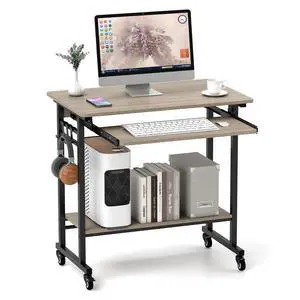 Rolling Computer Desk Cart with Keyboard Tray, Mobile Portable Laptop PC Desk with CPU Stand & 3 Hooks for Sofa & Bed, Compact Small Desk on Wheels for Small Spaces (Grey) Rolling Computer Desk Cart with Keyboard Tray, Mobile Portable Laptop PC Desk with CPU Stand & 3 Hooks for Sofa & Bed, Compact Small Desk on Wheels for Small Spaces (Grey)