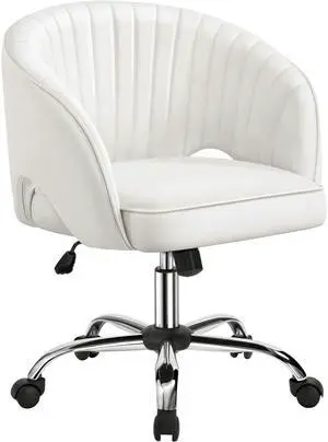 Home Office Chair, Faux Leather Desk Chair, Modern Swivel Chair with Tufted Barrel Back, Rolling Wheels for Office,Study, Vanity, Bedroom White Home Office Chair, Faux Leather Desk Chair, Modern Swivel Chair with Tufted Barrel Back, Rolling Wheels for Office,Study, Vanity, Bedroom White