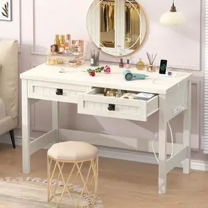 Farmhouse Computer Desk with 2 Drawers, 39 Inch Small Office Computer Desk with Power Outlets, Compact Writing Study Vanity Desk for Small Spaces, White Farmhouse Computer Desk with 2 Drawers, 39 Inch Small Office Computer Desk with Power Outlets, Compact Writing Study Vanity Desk for Small Spaces, White