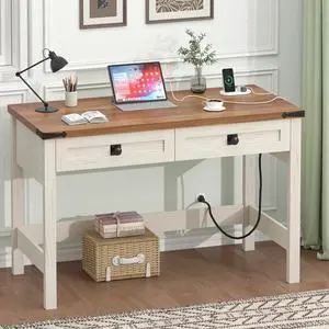 Farmhouse Computer Desk with 2 Drawers, 39 Inch Small Office Computer Desk with Power Outlets, Compact Writing Study Desk for Small Spaces, Antique White Farmhouse Computer Desk with 2 Drawers, 39 Inch Small Office Computer Desk with Power Outlets, Compact Writing Study Desk for Small Spaces, Antique White