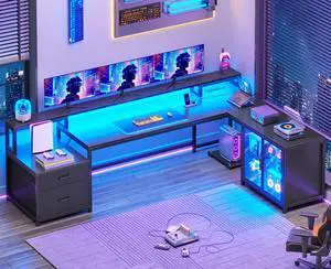 L Shaped Gaming Desk, 78.7 Large Computer Desk with Drawers and Power Outlet & LED Light, Corner Gaming Desk with Storage Shelves, Display Cabinet for Home Office, Black L Shaped Gaming Desk, 78.7 Large Computer Desk with Drawers and Power Outlet & LED Light, Corner Gaming Desk with Storage Shelves, Display Cabinet for Home Office, Black