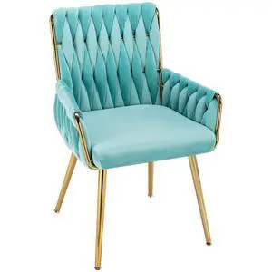 Upholstered Desk Chair 1PC, Hand Weaving, Golden Metal Legs, Light Blue | Modern Accent Chair for Home Office, Dining Room, Vanity, Stylish Design, Comfortable Armrest, Durable Material Upholstered Desk Chair 1PC, Hand Weaving, Golden Metal Legs, Light Blue | Modern Accent Chair for Home Office, Dining Room, Vanity, Stylish Design, Comfortable Armrest, Durable Material
