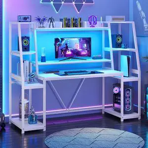 White Gaming Desk 65.7'' with LED Lights, Hutch and Storage Shelves, Computer Desk with Monitor Stand, Large PC Gamer Desk Workstation, Ergonomic Gaming Table for Bedroom, Living Room White Gaming Desk 65.7'' with LED Lights, Hutch and Storage Shelves, Computer Desk with Monitor Stand, Large PC Gamer Desk Workstation, Ergonomic Gaming Table for Bedroom, Living Room