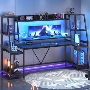 Gaming Desk 78.8'' with LED Lights, Hutch and Storage Shelves, Computer Desk with Monitor Stand, Large PC Gamer Desk Workstation, Ergonomic Gaming Table for Bedroom, Living Room, Black Gaming Desk 78.8'' with LED Lights, Hutch and Storage Shelves, Computer Desk with Monitor Stand, Large PC Gamer Desk Workstation, Ergonomic Gaming Table for Bedroom, Living Room, Black