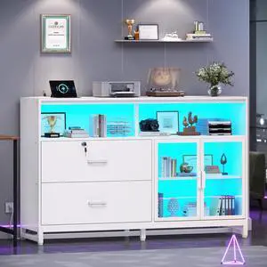 59" File Cabinet, 2 Drawers Filing Cabinets for Home Office fit Legal/Letter/A4 File, File Cabinet with Lock & Power Outlets, Printer Stand with Storage & LED Lights, White 59" File Cabinet, 2 Drawers Filing Cabinets for Home Office fit Legal/Letter/A4 File, File Cabinet with Lock & Power Outlets, Printer Stand with Storage & LED Lights, White