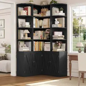 74" Tall Corner Bookshelf, Black Bookshelf with Doors, Corner Bookcase Farmhouse Bookshelves and Bookcases with Storage Large Book Shelf Storage Cabinet for Home Office 74" Tall Corner Bookshelf, Black Bookshelf with Doors, Corner Bookcase Farmhouse Bookshelves and Bookcases with Storage Large Book Shelf Storage Cabinet for Home Office
