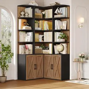 74" Tall Corner Bookshelf, Wooden Bookshelf with Doors, Corner Bookcase Farmhouse Bookshelves and Bookcases with Storage Large Book Shelf Storage Cabinet for Home Office, Black/Brown 74" Tall Corner Bookshelf, Wooden Bookshelf with Doors, Corner Bookcase Farmhouse Bookshelves and Bookcases with Storage Large Book Shelf Storage Cabinet for Home Office, Black/Brown