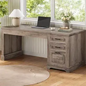 Farmhouse 55" Executive Desk, Computer Desk with Storage Drawers and Power Outlet, Home Office Desk, Workstation for Office Home, Grey Farmhouse 55" Executive Desk, Computer Desk with Storage Drawers and Power Outlet, Home Office Desk, Workstation for Office Home, Grey