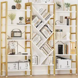 70x70 Triple 5 Tier Book Shelf, Large Wooden Bookcase with 17 Open Display Shelf, Modern Tree Bookshelf Metal Frame Tall Book Case Furniture for Living Room Bedroom Home Office White & Gold 70x70 Triple 5 Tier Book Shelf, Large Wooden Bookcase with 17 Open Display Shelf, Modern Tree Bookshelf Metal Frame Tall Book Case Furniture for Living Room Bedroom Home Office White & Gold