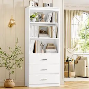 71" H White Bookshelf with Drawers, Bookshelf and Bookcase with 3-Tier Open Shelves, Tall Bookcase Tall Storage Cabinet for Home Office 71" H White Bookshelf with Drawers, Bookshelf and Bookcase with 3-Tier Open Shelves, Tall Bookcase Tall Storage Cabinet for Home Office