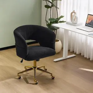 Modern Curved Office & Vanity Desk Chair, Cute Upholstered Nail Chair with Wheels & 360° Swivel & Club & Tilting & Gold Base, for Bedroom, Living Room, Makeup, Velvet Chenille, Black Modern Curved Office & Vanity Desk Chair, Cute Upholstered Nail Chair with Wheels & 360° Swivel & Club & Tilting & Gold Base, for Bedroom, Living Room, Makeup, Velvet Chenille, Black