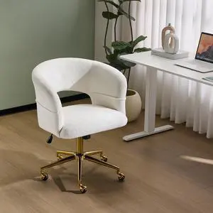 Modern Curved Office & Vanity Desk Chair, Cute Upholstered Nail Chair with Wheels & 360° Swivel & Club & Tilting & Gold Base, for Bedroom, Living Room, Makeup, Velvet Chenille, White Modern Curved Office & Vanity Desk Chair, Cute Upholstered Nail Chair with Wheels & 360° Swivel & Club & Tilting & Gold Base, for Bedroom, Living Room, Makeup, Velvet Chenille, White
