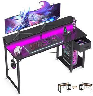 Gaming Desk with LED Lights, 55 Inch Computer Desk with Drawers, Reversible Small Desk with Monitor Stand & Headphone Hook for Home Office, Black Gaming Desk with LED Lights, 55 Inch Computer Desk with Drawers, Reversible Small Desk with Monitor Stand & Headphone Hook for Home Office, Black