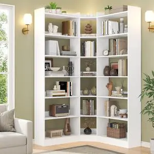 70.8" Tall Corner Bookshelf, 7 Tiers Large Etagere Bookcases with Baffles, L-Shaped Modern Storage Display Rack Industrial Bookshelves for Bedroom, Home Office, Living Room & Kitchen, White 70.8" Tall Corner Bookshelf, 7 Tiers Large Etagere Bookcases with Baffles, L-Shaped Modern Storage Display Rack Industrial Bookshelves for Bedroom, Home Office, Living Room & Kitchen, White