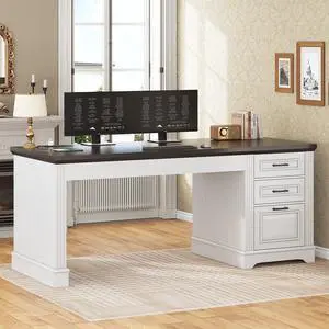 Office Desk with 3 Drawers, 55" Executive Computer Desk with Storage Drawers, Farmhouse Desk with Power Outlet for Home Office, White Office Desk with 3 Drawers, 55" Executive Computer Desk with Storage Drawers, Farmhouse Desk with Power Outlet for Home Office, White