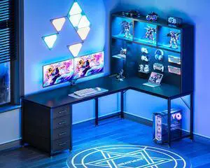 63" L Shaped Gaming Desk with Hutch, Pegboard & Shelves, L Shaped Desk with 4 Drawers, Integrated LED Light Strip & Power Outlets, Reversible PC Gaming Computer Desk, Black 63" L Shaped Gaming Desk with Hutch, Pegboard & Shelves, L Shaped Desk with 4 Drawers, Integrated LED Light Strip & Power Outlets, Reversible PC Gaming Computer Desk, Black