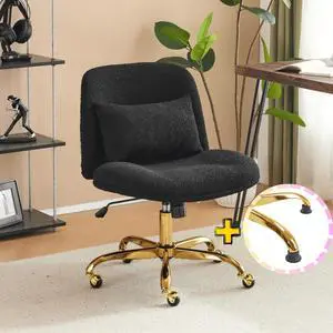 Wide Criss Cross Legged Office Chair,Buttprint Ergonomic Desk Chair Comfy with Pillow&Gold Base,Dual-Use with/no Wheels,Adjustable Vanity Swivel Chair for Bedroom,Home Office,Teddy Fleece,Black Wide Criss Cross Legged Office Chair,Buttprint Ergonomic Desk Chair Comfy with Pillow&Gold Base,Dual-Use with/no Wheels,Adjustable Vanity Swivel Chair for Bedroom,Home Office,Teddy Fleece,Black