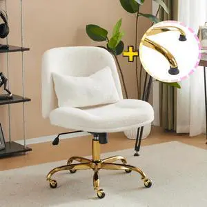 Wide Criss Cross Legged Office Chair,Buttprint Ergonomic Desk Chair Comfy with Pillow&Gold Base,Dual-Use with/no Wheels,Adjustable Vanity Swivel Chair for Bedroom,Home Office,Teddy Fleece,White Wide Criss Cross Legged Office Chair,Buttprint Ergonomic Desk Chair Comfy with Pillow&Gold Base,Dual-Use with/no Wheels,Adjustable Vanity Swivel Chair for Bedroom,Home Office,Teddy Fleece,White