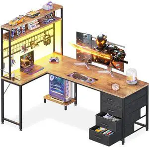 L Shaped Gaming Desk with Hutch, 59" Computer Desk with 4 Drawers & Storage Shelves, Reversible Corner Desk with LED Light & Power Outlets, Gamer Table for for Home Office, Vintage L Shaped Gaming Desk with Hutch, 59" Computer Desk with 4 Drawers & Storage Shelves, Reversible Corner Desk with LED Light & Power Outlets, Gamer Table for for Home Office, Vintage
