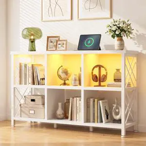 6 Cube Storage Organizer with LED Light and Charging Station, Wood and Metal Cube Shelf as White Horizontal Book Shelf for Bedroom Home Office 6 Cube Storage Organizer with LED Light and Charging Station, Wood and Metal Cube Shelf as White Horizontal Book Shelf for Bedroom Home Office