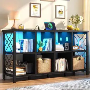 8 Cube Shelf Organizer with LED Light and Charging Station, Wood and Metal Cube Shelf as Long Horizontal Book Shelf for Bedroom Home Office, Black 8 Cube Shelf Organizer with LED Light and Charging Station, Wood and Metal Cube Shelf as Long Horizontal Book Shelf for Bedroom Home Office, Black