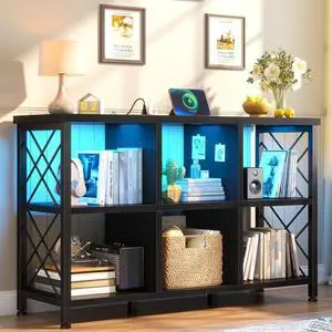 6 Cube Storage Organizer with LED Light and Charging Station, Wood and Metal Cube Shelf as Long Horizontal Book Shelf for Bedroom Home Office, Black 6 Cube Storage Organizer with LED Light and Charging Station, Wood and Metal Cube Shelf as Long Horizontal Book Shelf for Bedroom Home Office, Black