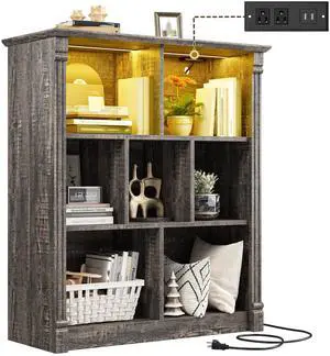 7 Cube Bookshelf Cubby Storage Organizer with LED Lights and Charging Station, Wood Shelf Display Cabinet for Bedroom, Living Room, Office Black Oak 7 Cube Bookshelf Cubby Storage Organizer with LED Lights and Charging Station, Wood Shelf Display Cabinet for Bedroom, Living Room, Office Black Oak