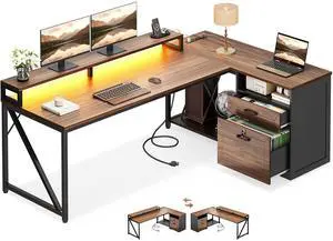 L Shaped Desk with Wooden Drawers & Locking File Cabinet, 61 Inch Large Executive Desk with Power Outlet, Led Computer Desk with Storage, Corner Office desk with Monitor Stand & CPU Stand, Walnut L Shaped Desk with Wooden Drawers & Locking File Cabinet, 61 Inch Large Executive Desk with Power Outlet, Led Computer Desk with Storage, Corner Office desk with Monitor Stand & CPU Stand, Walnut
