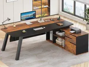 71" Executive Desk with File Cabinet, Large Office Desk with Drawers and Shelves, L Shaped Computer Desk with Power Outlets, Business Furniture Desk Workstation for Home Office, Brown 71" Executive Desk with File Cabinet, Large Office Desk with Drawers and Shelves, L Shaped Computer Desk with Power Outlets, Business Furniture Desk Workstation for Home Office, Brown