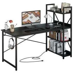Computer Desk 55" with Power Outlet and Storage Shelves, Study Writing Table with USB Ports Charging Station, PC Desk Workstation for Home Office, Black Computer Desk 55" with Power Outlet and Storage Shelves, Study Writing Table with USB Ports Charging Station, PC Desk Workstation for Home Office, Black