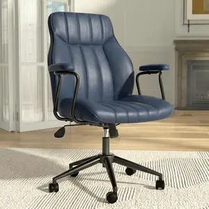 Blue Leather Office Chair, Mid Century Home Office Desk Chair | Ergonomic Curve Design, Removable Padded Arms, Height Adjustable Swivel Seat & Smooth Wheels, Vintage Mid-Back Computer Chair Blue Leather Office Chair, Mid Century Home Office Desk Chair | Ergonomic Curve Design, Removable Padded Arms, Height Adjustable Swivel Seat & Smooth Wheels, Vintage Mid-Back Computer Chair