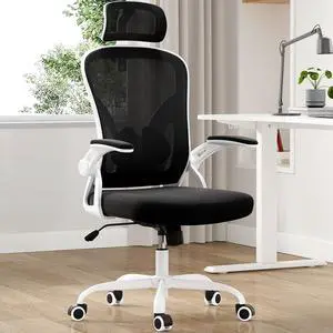 Ergonomic Office Chair, Home Office Desk Chair with Headrest, High Back Swivel Computer Chair with Armrests and Adjustable Lumbar Support for Home Office Study Room, White & Black Ergonomic Office Chair, Home Office Desk Chair with Headrest, High Back Swivel Computer Chair with Armrests and Adjustable Lumbar Support for Home Office Study Room, White & Black
