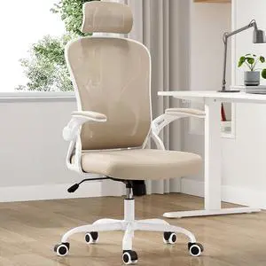 Ergonomic Office Chair, Home Office Desk Chair with Headrest, High Back Swivel Computer Chair with Armrests and Adjustable Lumbar Support for Home Office Study Room, White & Khaki Ergonomic Office Chair, Home Office Desk Chair with Headrest, High Back Swivel Computer Chair with Armrests and Adjustable Lumbar Support for Home Office Study Room, White & Khaki
