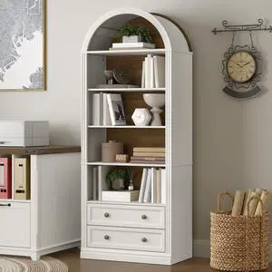 Farmhouse Arched Bookshelf, 7 Tiers Arch Bookcase with 2 Spacious Drawers, Modern Book Shelf with Open Display Shelves and Storage Cabinet, for Office, Living Room, Kitchen, Walnut and White Farmhouse Arched Bookshelf, 7 Tiers Arch Bookcase with 2 Spacious Drawers, Modern Book Shelf with Open Display Shelves and Storage Cabinet, for Office, Living Room, Kitchen, Walnut and White