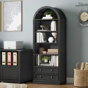Farmhouse Arched Bookshelf, 7 Tiers Arch Bookcase with 2 Spacious Drawers, Modern Book Shelf with Open Display Shelves and Storage Cabinet, for Office, Living Room, Kitchen, Black Farmhouse Arched Bookshelf, 7 Tiers Arch Bookcase with 2 Spacious Drawers, Modern Book Shelf with Open Display Shelves and Storage Cabinet, for Office, Living Room, Kitchen, Black