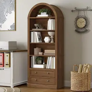 Farmhouse Arched Bookshelf, 7 Tiers Arch Bookcase with 2 Spacious Drawers, Modern Book Shelf with Open Display Shelves and Storage Cabinet, for Office, Living Room, Kitchen, Walnut Farmhouse Arched Bookshelf, 7 Tiers Arch Bookcase with 2 Spacious Drawers, Modern Book Shelf with Open Display Shelves and Storage Cabinet, for Office, Living Room, Kitchen, Walnut