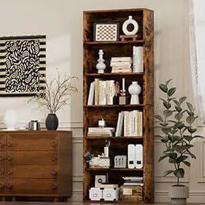Narrow Tall Bookshelf 6 Shelf Bookcase Vertical Storage, Slim Profile Tall Narrow Storage Unit for Home Office, Living Room, Bedroom, Vintage Brown Narrow Tall Bookshelf 6 Shelf Bookcase Vertical Storage, Slim Profile Tall Narrow Storage Unit for Home Office, Living Room, Bedroom, Vintage Brown