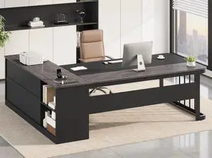 71" Executive Desk, Large Office Desk with Drawers & Storage Shelves, Modern L Shaped Computer Desk Corner Desk with Power Outlets, File Cabinet, Business Furniture Desk Workstation (Grey) 71" Executive Desk, Large Office Desk with Drawers & Storage Shelves, Modern L Shaped Computer Desk Corner Desk with Power Outlets, File Cabinet, Business Furniture Desk Workstation (Grey)