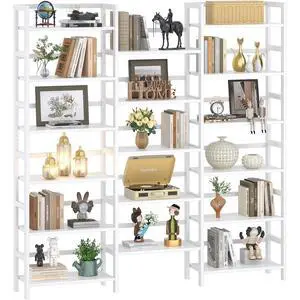 Bamboo Bookshelf, 71 Tall Triple Wide Bookcase with 17 Open Storage Shelves, 6-Tier Etagere with Back Rails, Large Display Shelf for Books, Plants, Home Office, Max Load 748LBS, White Bamboo Bookshelf, 71 Tall Triple Wide Bookcase with 17 Open Storage Shelves, 6-Tier Etagere with Back Rails, Large Display Shelf for Books, Plants, Home Office, Max Load 748LBS, White