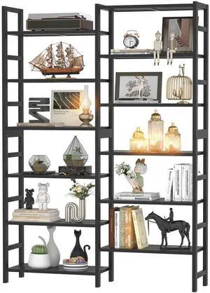 Double Wide Bamboo Bookshelf Black, 6-Tier Large Open Bookcase with 12 Display Shelves, 6ft Tall Freestanding Book Shelf for Home Office, Bedroom, Living Room, Plants Double Wide Bamboo Bookshelf Black, 6-Tier Large Open Bookcase with 12 Display Shelves, 6ft Tall Freestanding Book Shelf for Home Office, Bedroom, Living Room, Plants